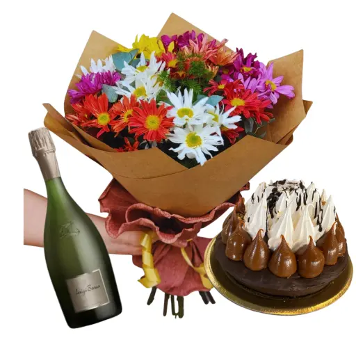 Ramo de flores margaritas con torta y espumante